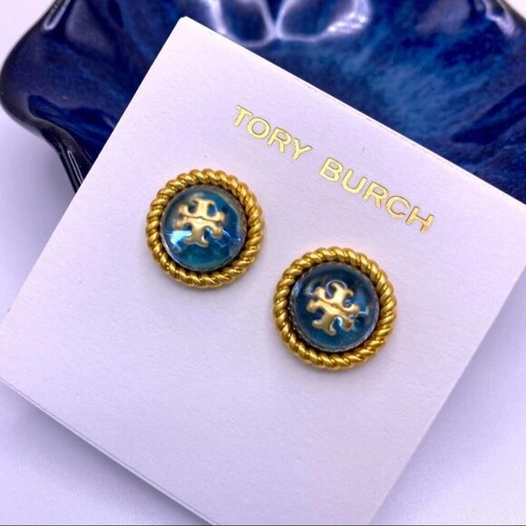 NWOT Tory Burch Gold Logo Light Blue Iridescent Stud Earrings - Picture 2 of 8